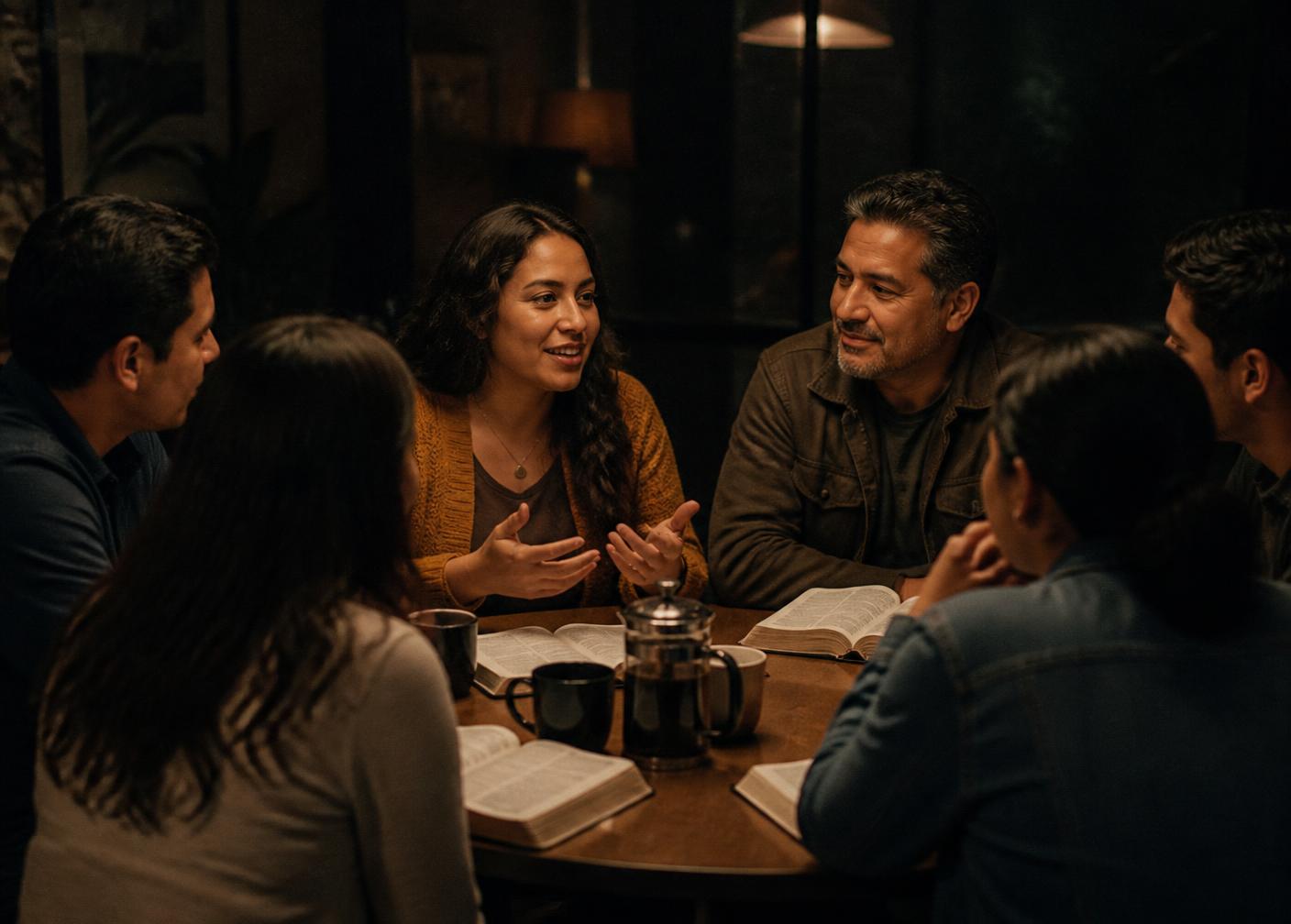 Creyentes hispanohablantes conversando alrededor de una mesa con Biblias abiertas